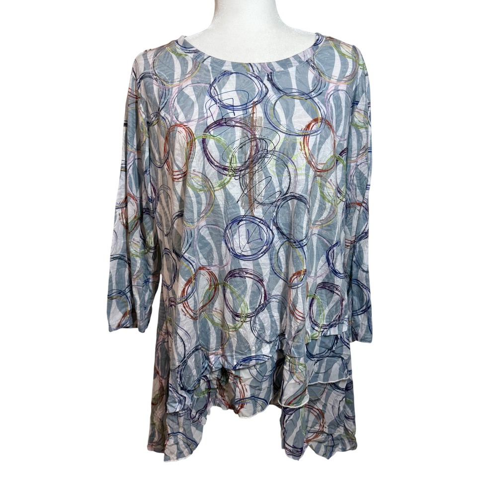 Abstract Circle Print Tunic Top XL Layered Handkerchief Hem Gray 3/4 Sleeve
